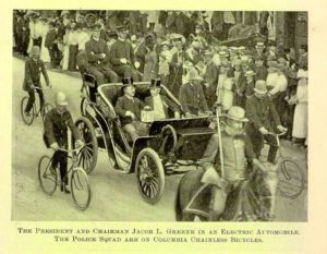 Theodore Roosevelt enjoys the first ever public car ride by a U.S. president, Hartford, Conn., 1902