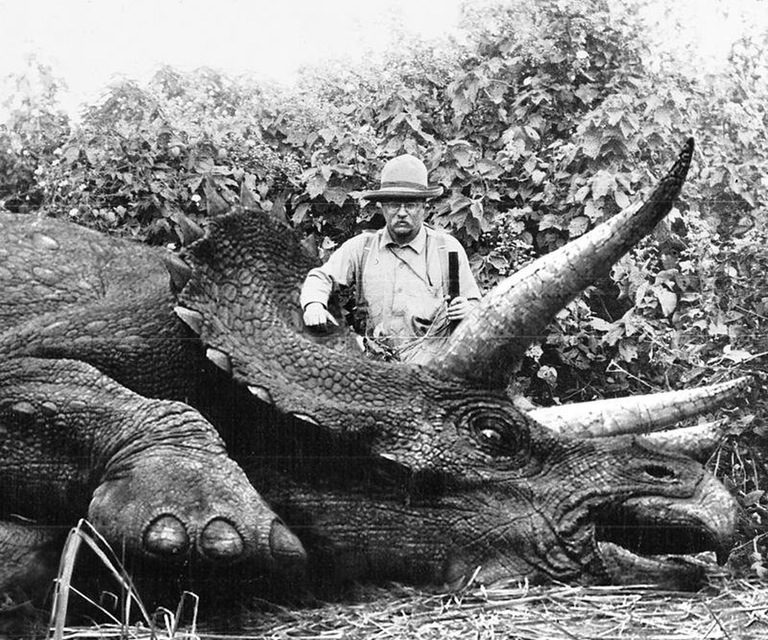 Theodore Roosevelt with a now-extinct Giant Eurasian Rhino