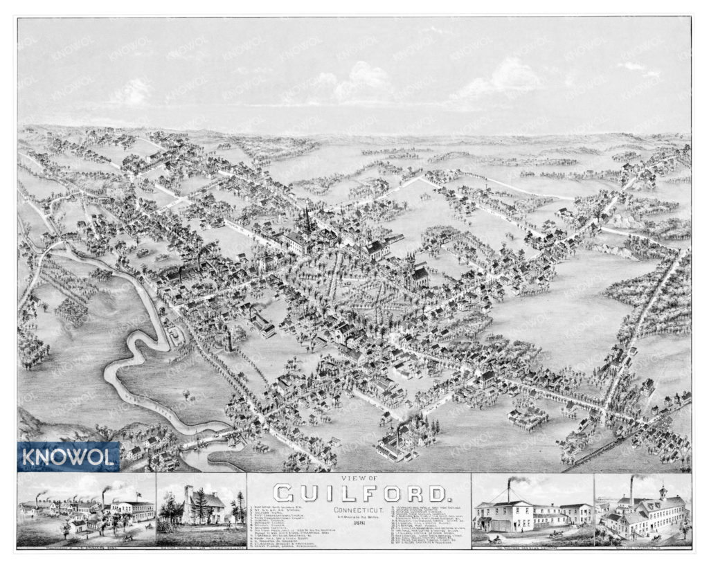 Historic old map of Guilford, Connecticut from 1881. The map shows old buildings, landmarks, and street names in Guilford, Connecticut.