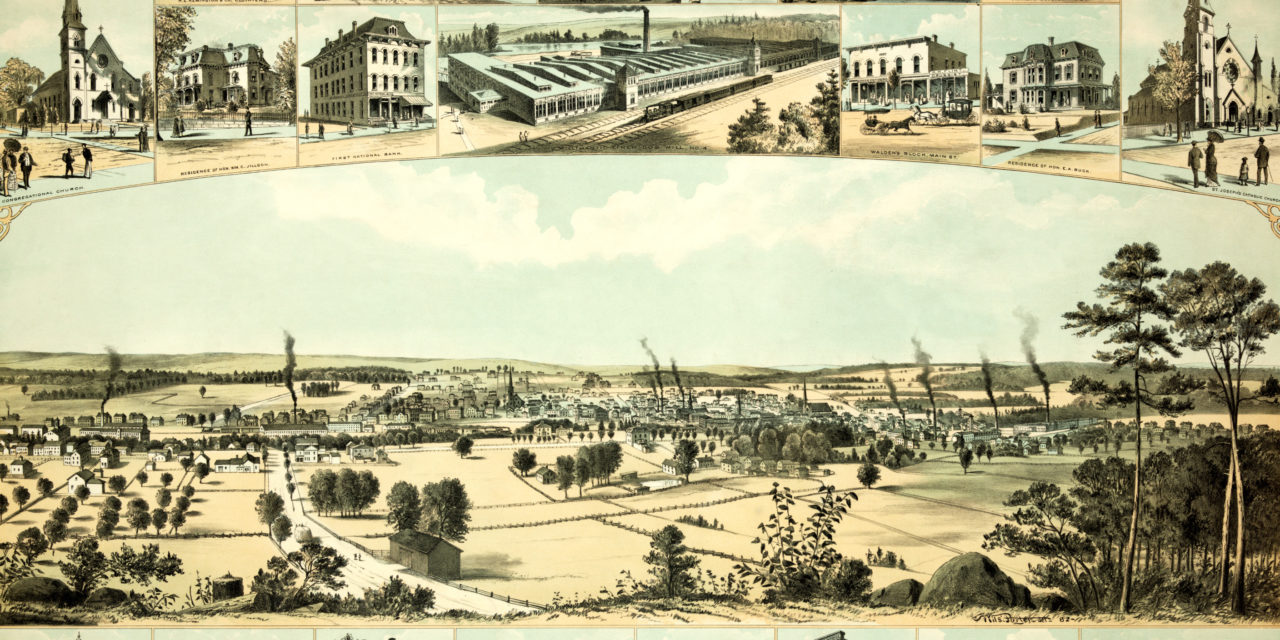 Bird’s eye view of Willimantic, CT from 1882