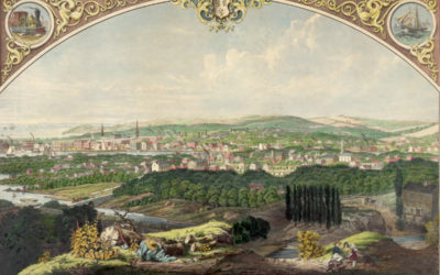 Cityscape view of Bridgeport, Connecticut from a nearby hill in 1857