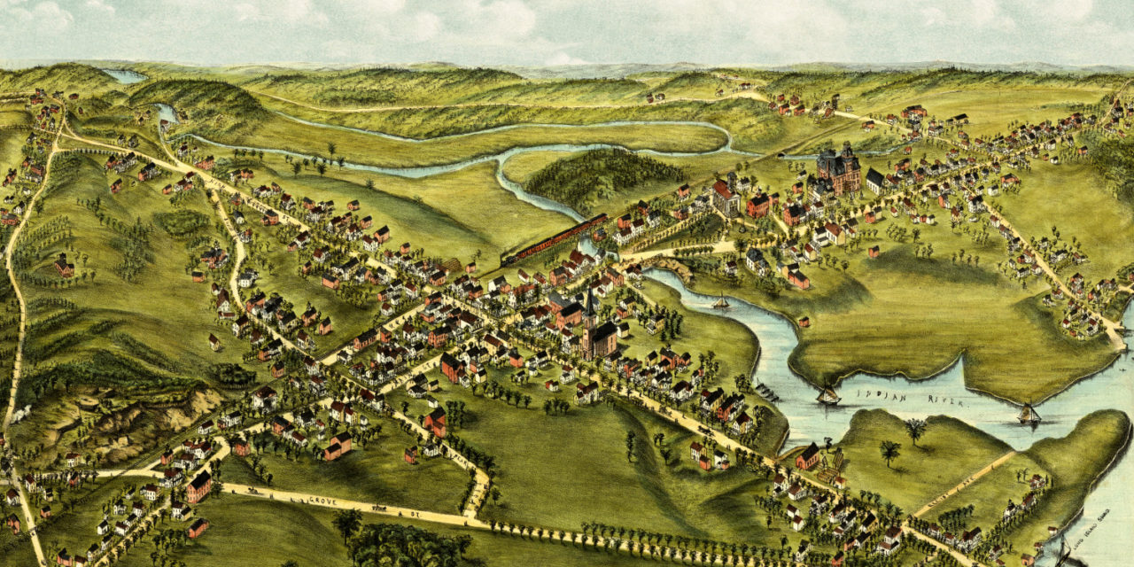 Restored bird’s eye view of Clinton, CT from 1881