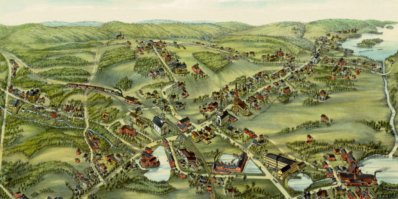 Restored bird’s eye view of East Hampton, Connecticut from 1880
