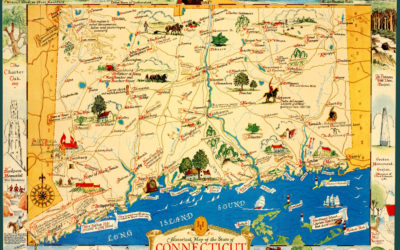 Vintage map featuring historical Connecticut facts and trivia