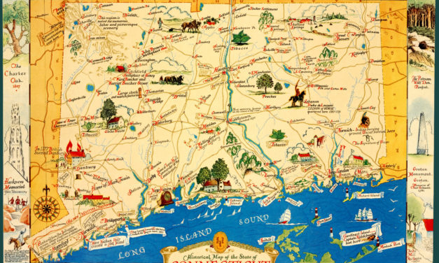 Vintage map featuring historical Connecticut facts and trivia