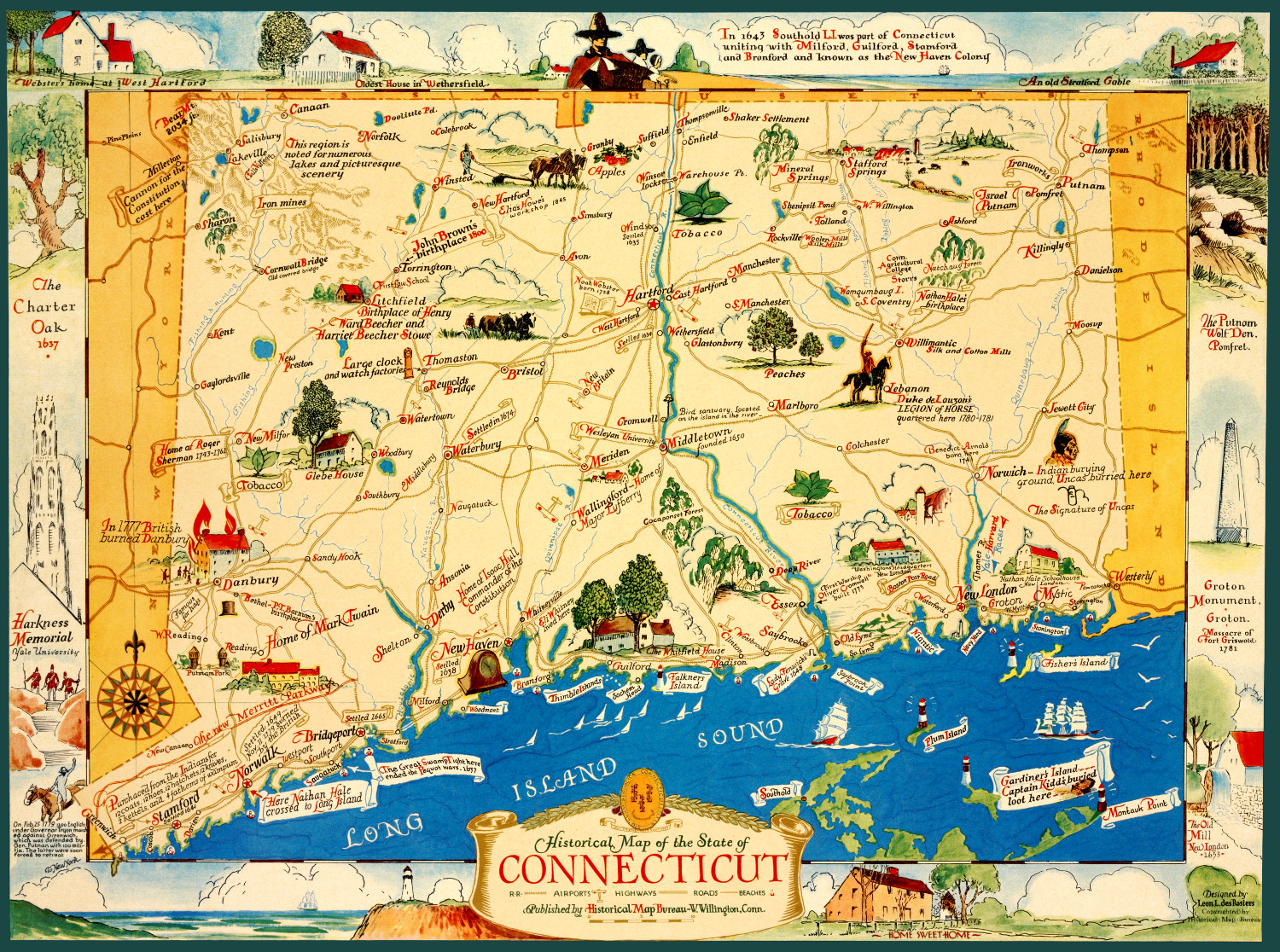 Vintage map featuring historical Connecticut facts and trivia CT Restored