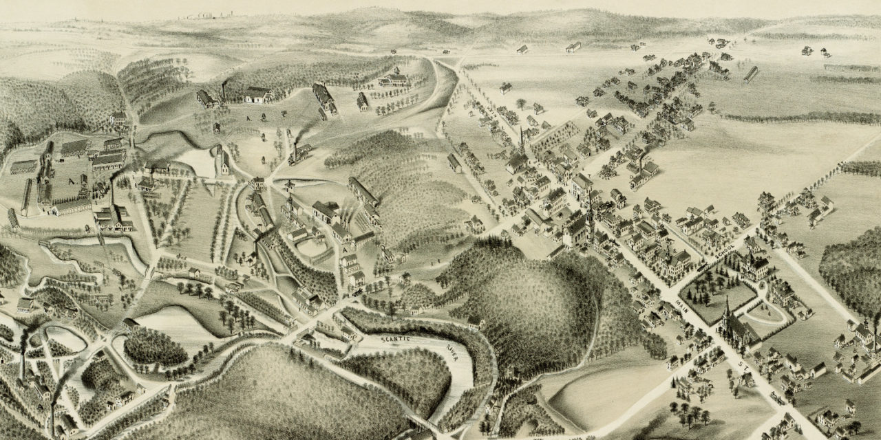 Old map showing a bird’s eye view of Hazardville, CT in 1880