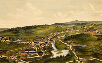 Old map showing a bird’s eye view of Moosup, Connecticut in 1889