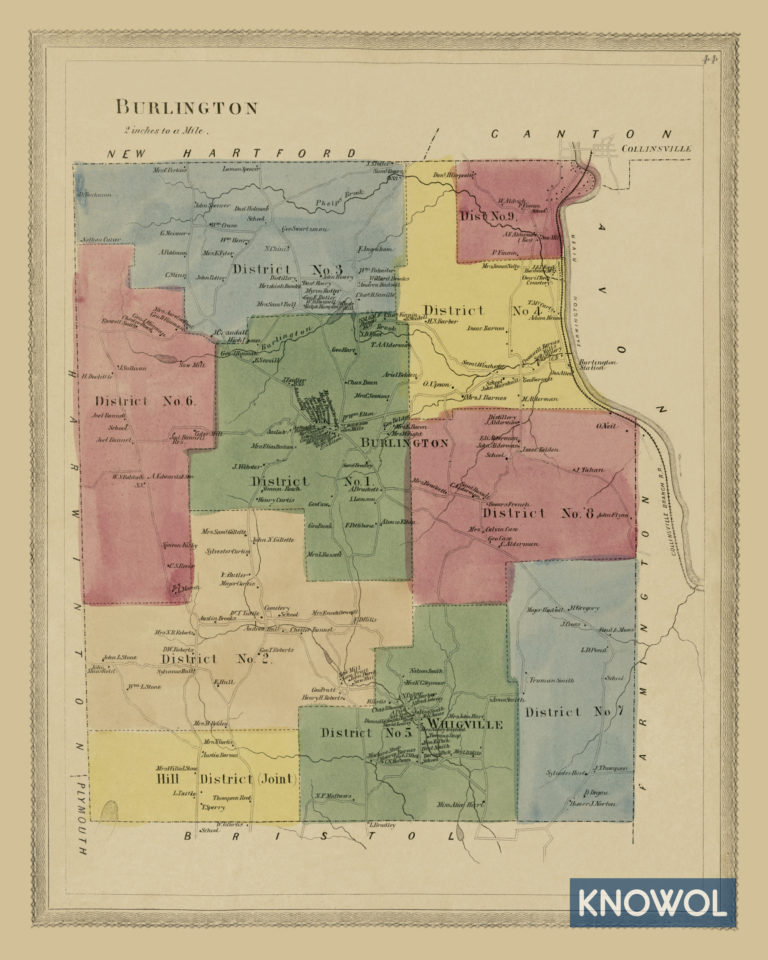 Historic landowners map of Burlington, CT from 1869 CT Restored