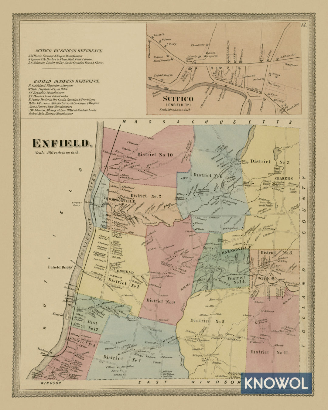 Historic landowners map of Enfield, Connecticut from 1869 CT Restored