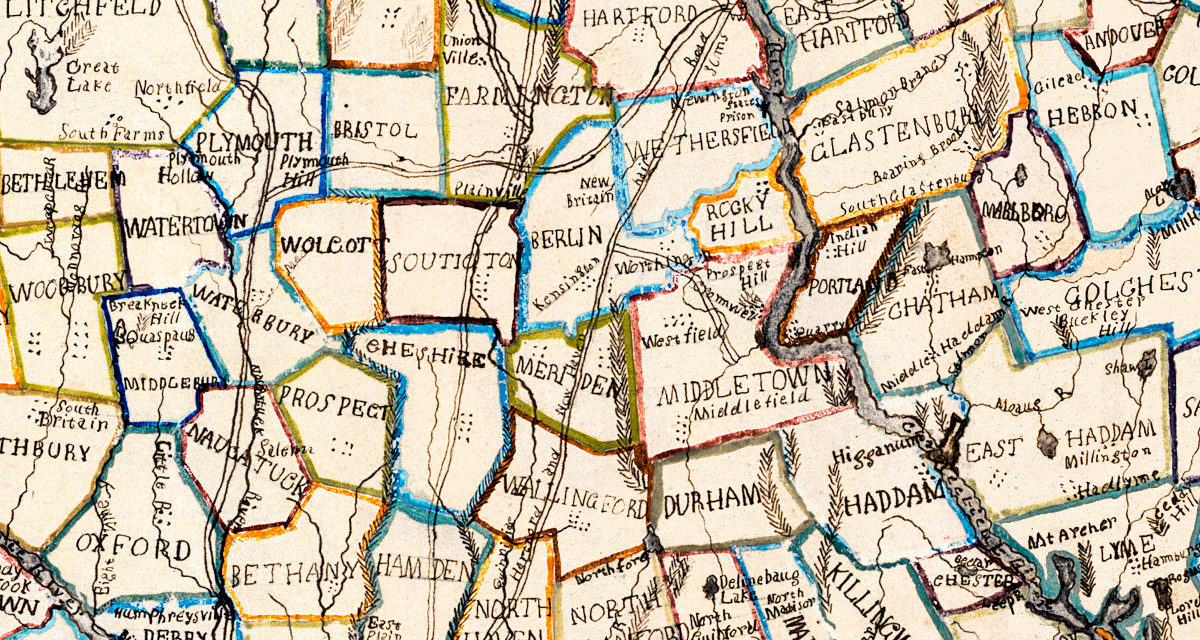 Vintage hand-colored map of Connecticut from 1857